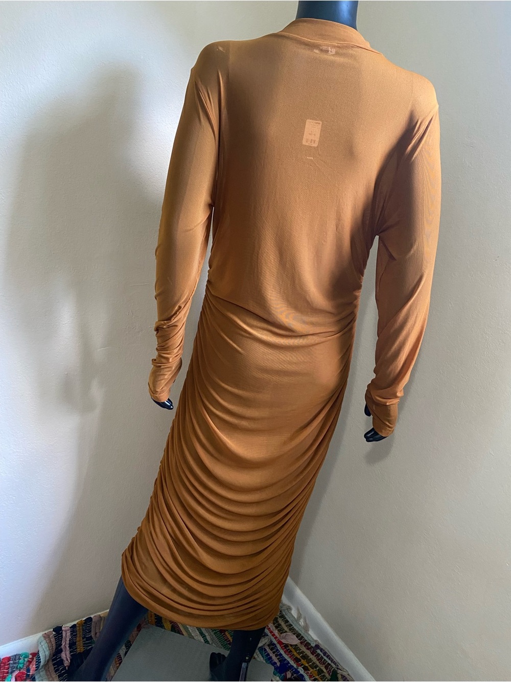 Fashion Nova Free Bird Tan Brown Sheer Long Sleeve Ruched Midi Dress NWTs - Picture 8 of 14